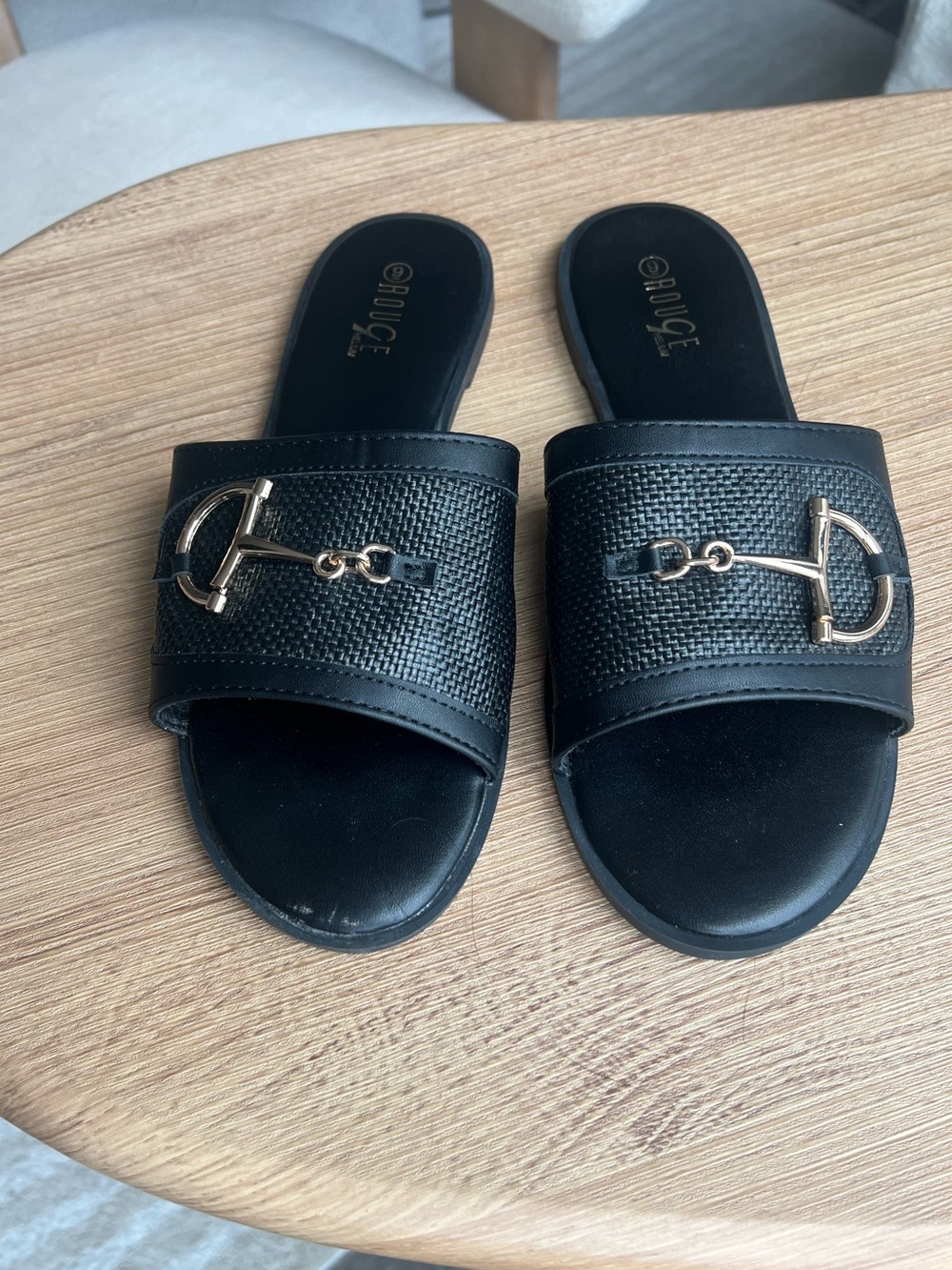 Black Slide Sandals with Gold Horsebit Detail